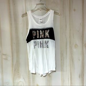 VS PINK Sequin Logo Muscle Tank Black White S